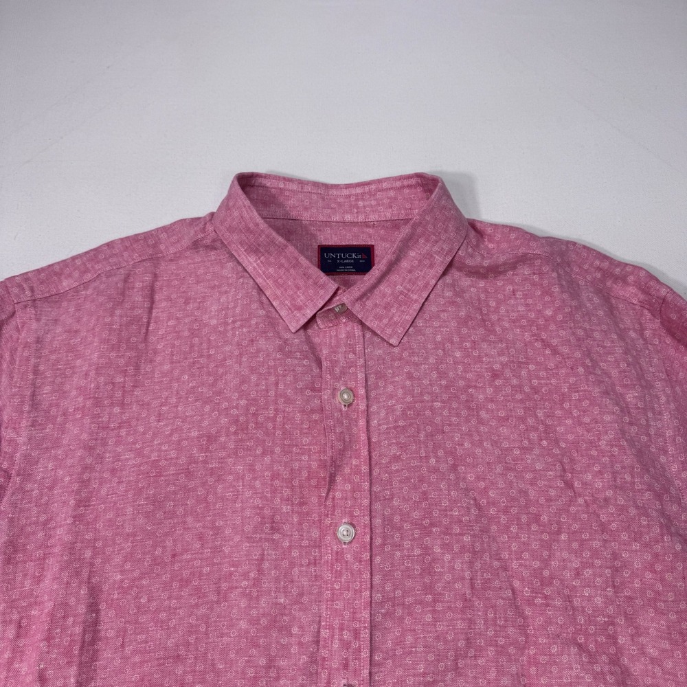 UNTUCKit Mens XL Pink 100% Linen Short Sleeve Button Down Shirt Geometric Resort